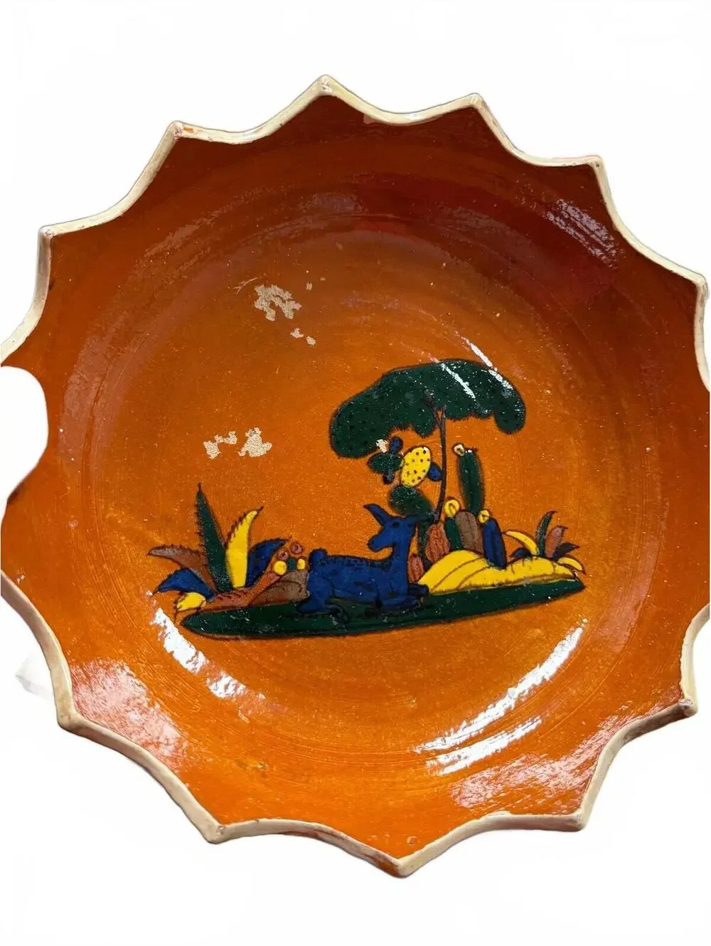 Vintage Mexican Pottery Footed Bowl Hand Painted Terra Cotta Star Edge